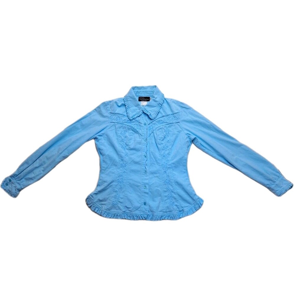 Natural Fashions Shirt Womens Teal Embroidered Floral Crochet Pattern Top Size M